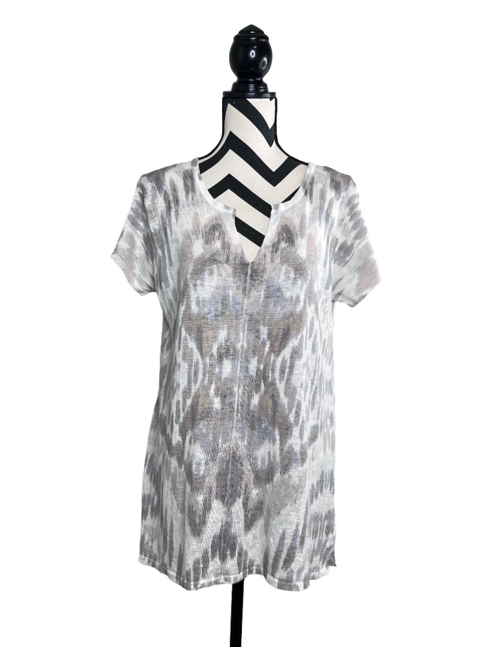 Kinross Sz L 100% Linen V-Neck Artsy Short-Sleeve Coastal Blouse